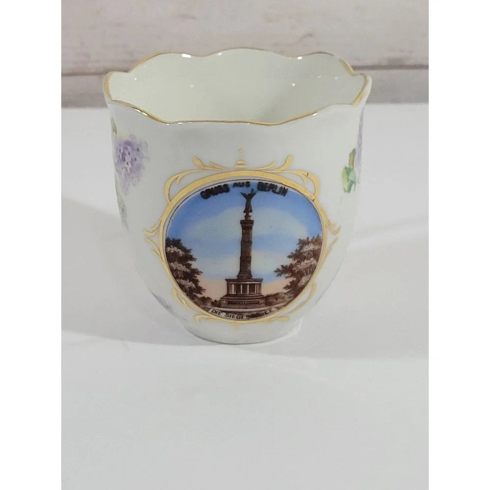 Vintage German Souvenir Cup Berlin Victory Column Porcelain White Floral Gold